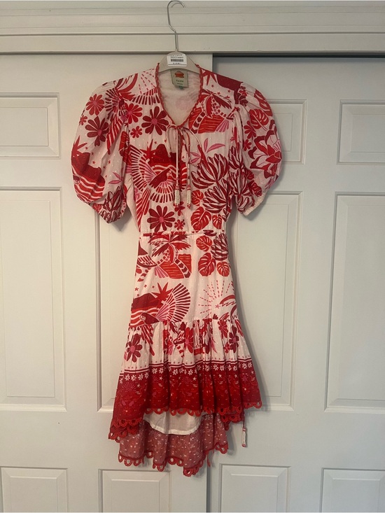 FARM Rio Dresses & Skirts - FARM Rio Red and White Floral High-Low Puff Sleeve Dress